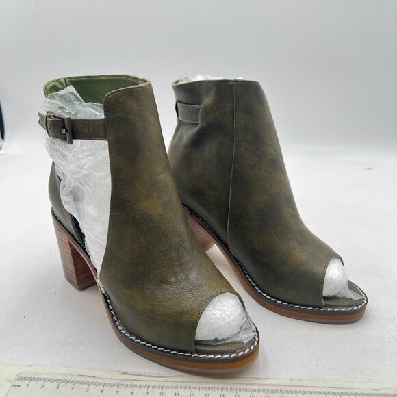 Olive Peep Open Toe Cut Out Buckle Ankle Bootie Block Heeled Boot - Picture 1 of 7